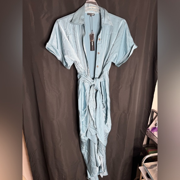 Stuck In The City Satin Midi Dress Baby Blue - Picture 2 of 4